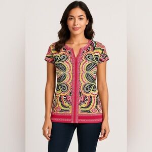 Madison Womens Top S Pink Black Paisley Print Short Sleeve Stretch Tunic Blouse
